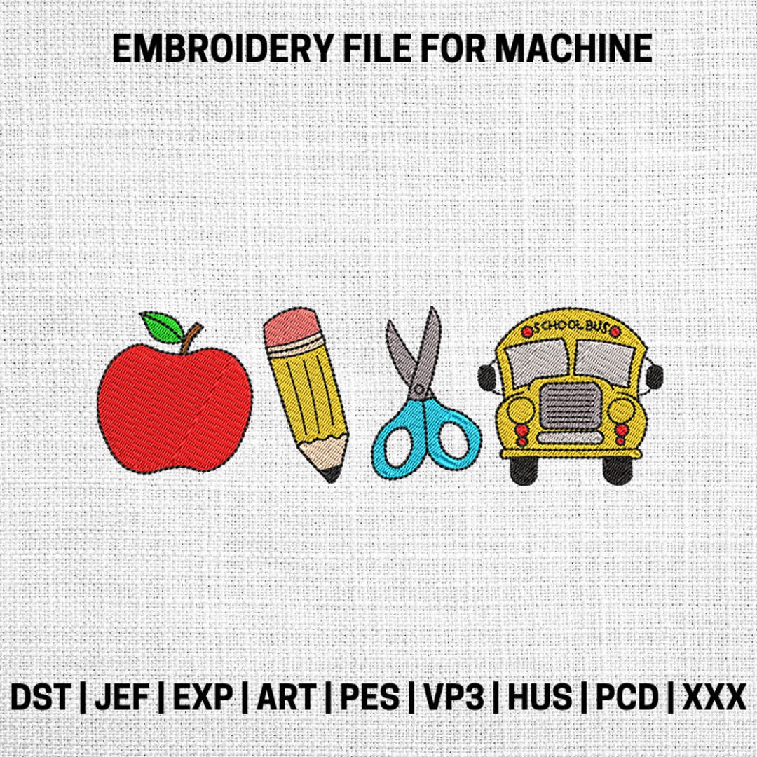 School Bus Embroidery Designs, Back to School Embroidery Pattern, Back