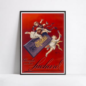 May include: Vintage advertisement for Milka chocolate featuring three children flying in the air with a bar of chocolate. The text on the chocolate bar reads "SUCHAR Milka CHOCOLAT AU LAIT CONCENTRE". The text at the bottom of the advertisement reads "Chocolat au lait Suchard".
