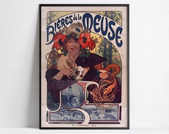 Alphonse Mucha &quot;Beers of the Meuse&quot; vintage poster - Art Nouveau - High Definition - matte paper 230gr/m2