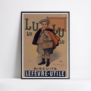 Peut inclure: Affiche vintage pour les biscuits Lu. Un jeune garçon en manteau bleu et écharpe rouge tient un panier de biscuits Lu. L'affiche porte le texte "Lu Biscuits Lefevre-Utile".