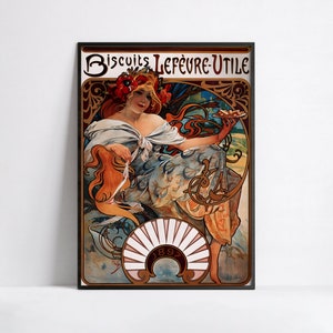 May include: A vintage poster advertising "Biscuits Lefèvre-Utile" featuring a woman in a flowing blue and white dress holding a plate of biscuits. The poster is decorated with Art Nouveau style floral motifs and the year 1897.