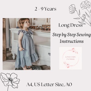 Patrón de costura de vestido de niña, vestido de bebé fácil de descargar instantánea, patrón de costura en PDF para niños, de 2 a 9 años.