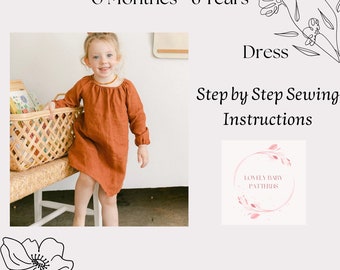 Patrón de costura vestido de niña, vestido de bebé fácil descarga instantánea, patrón de costura PDF para niños, de 0 meses a 6 años.