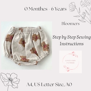 Modello di cucito per Baby Bloomers, modello di cucito digitale per neonati in PDF, download PDF per bambini. Da 0 a 6 anni.