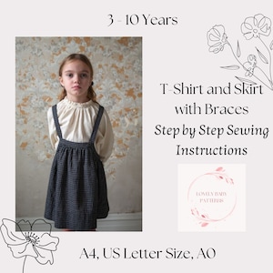 May include: A sewing pattern for a T-shirt and skirt with braces for children ages 3-10 years. The pattern includes step-by-step instructions and is printed on A4 paper.