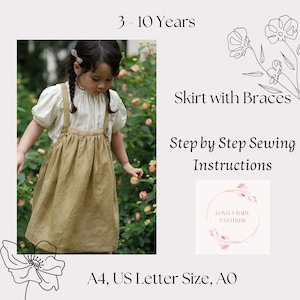 Op de afbeelding: Een naaipatroon voor een rok met bretels voor kinderen van 3 tot 10 jaar. Het patroon bevat stap-voor-stap instructies en is afgedrukt op A4- of US Letter-formaat papier. Het patroon is van Lovely Baby Patterns.