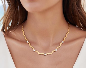 Italian Flat Omega Chain Necklace, 14K Gold Plated Sterling Silver, Lab Diamonds