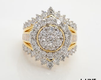 Anillo nupcial de moissanita de 3 quilates: redondo y baguette, plata bañada en oro de 14 quilates