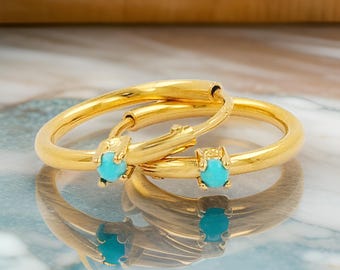14K Gold Plated Silver Hoop Earrings: Turquoise Blue Stone, 12MM