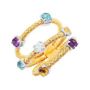May include: A gold ring with a woven design and five gemstones. The gemstones are a clear diamond, a purple amethyst, a blue topaz, and two yellow citrines.