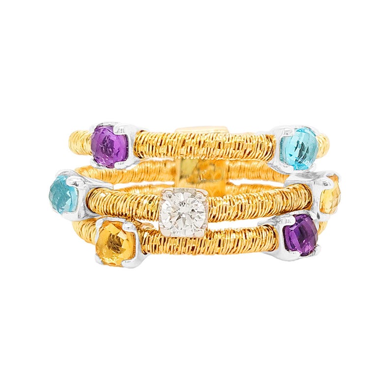 May include: A gold ring featuring a diamond and colourful gemstones. The ring is crafted from woven gold wire and showcases a central diamond encircled by amethyst, topaz, and citrine gemstones.