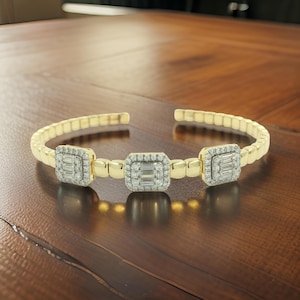 Baguette Moissanite Open Bangle: 14K Gold Plated Elegant Jewelry
