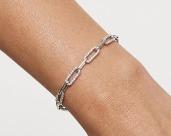 Pave Diamond Paperclip Bracelet | 14K Gold Plated Link Chain, Minimalist Luxury Jewelry