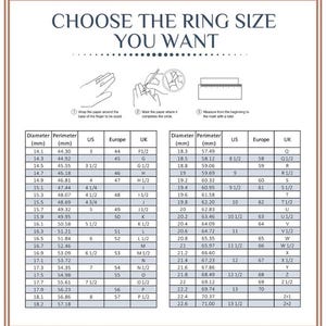 May include: A chart showing ring sizes in millimetres and inches. The chart includes the diameter, perimeter, US size, European size, and UK size. The chart is divided into two sections, one for smaller ring sizes and one for larger ring sizes.