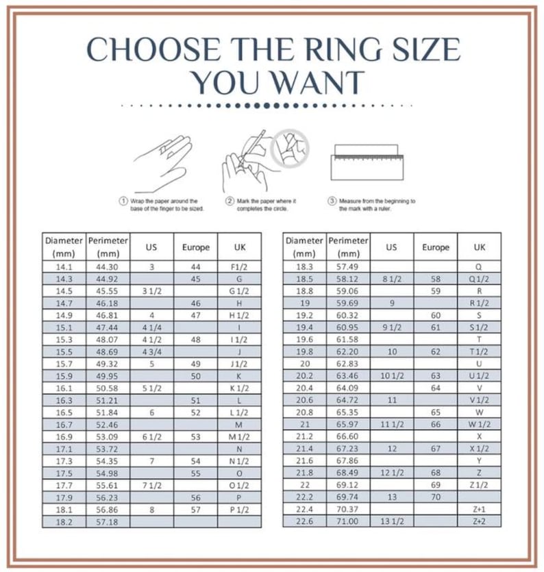 May include: A chart showing ring sizes in millimetres and inches. The chart includes the diameter, perimeter, US size, European size, and UK size. The chart is divided into two sections, one for smaller ring sizes and one for larger ring sizes.