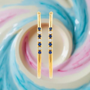 32MM Blue SapphireTube Hoop Earrings with Diamonds in 14K Gold Plated Silver | Best for Daily & Party Wear | Ideal Gift for Loved Ones