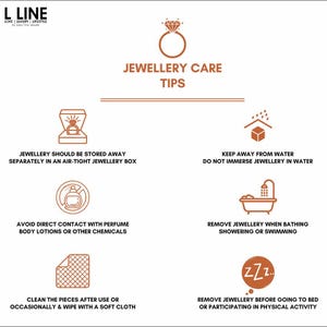 May include: A diagram with tips for caring for jewellery. The tips include storing jewellery in an airtight box, keeping it away from water, avoiding contact with perfume and body lotions, cleaning the pieces after use, and removing jewellery before going to bed or participating in physical activity.