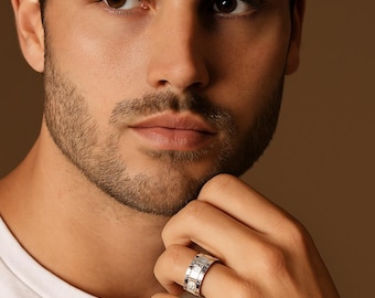 Mens 14K White Gold Plated Silver Geometric Ring: Lab Diamond Eternity Wedding Band