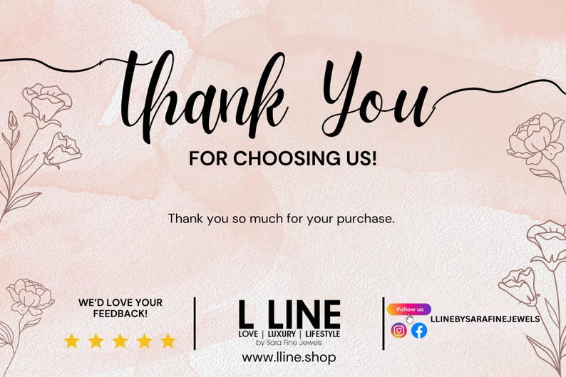 Puede incluir: Una tarjeta de agradecimiento con un fondo de acuarela en tonos rosados. Las palabras "Thank You" est&aacute;n en una escritura elegante, con "FOR CHOOSING US!" debajo. La tarjeta incluye el texto "Thank you so much for your purchase."