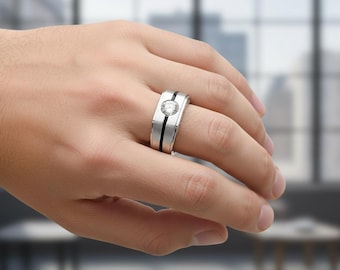 Gold Plated Silver Men's Ring: Geometric Lab Grown Diamond Wedding Band