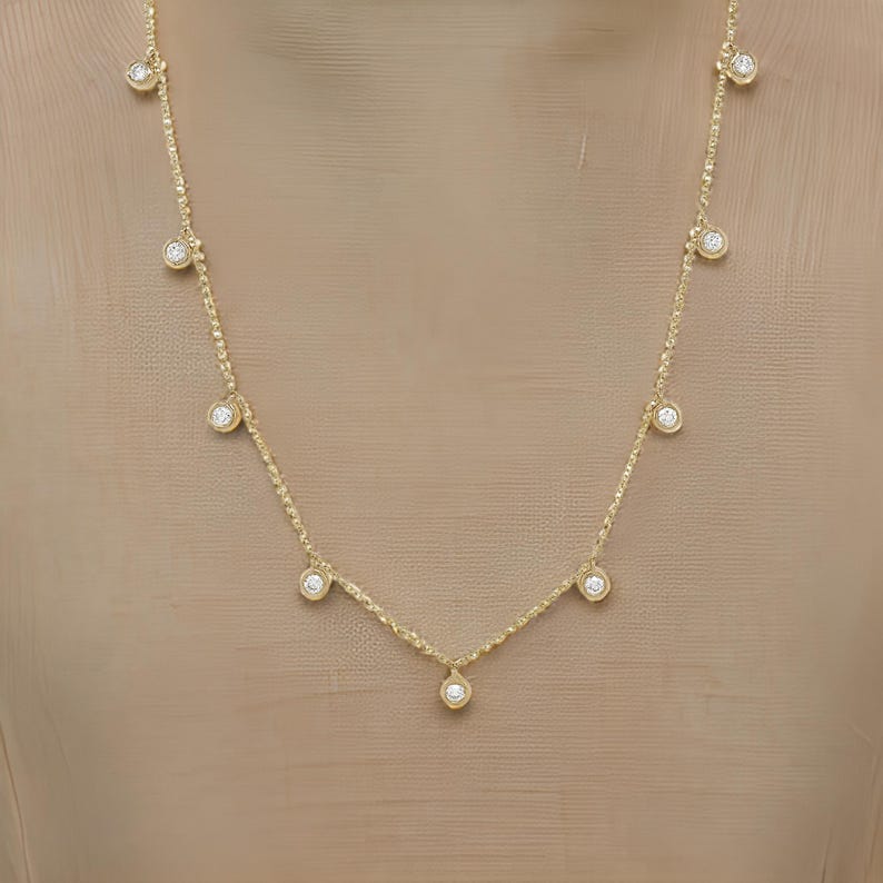 Moissanite Diamond Station Necklace 14K Gold Plated Silver Bezel Set Lariat Designed For Elegant and Party Look |For Her On All Occasions