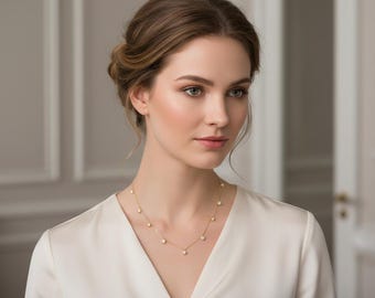 Moissanite Diamond Station Necklace: 14K Gold Plated Silver Lariat