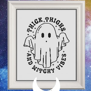 PDF Cross Stitch Pattern - Cute Simple Black Stitched Thick Thighs and Witchy Vibes Halloween Counted Xstitch Chart, Spooky Ghost Graph