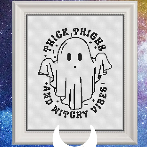 PDF Cross Stitch Pattern - Cute Simple Black Stitched Thick Thighs and Witchy Vibes Halloween Counted Xstitch Chart, Spooky Ghost Graph