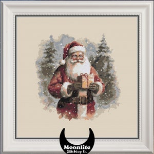 Padrão de ponto cruz em PDF - padrão de Papai Noel de Natal, Jolly Saint Nick segurando um presente embrulhado, gráfico de ponto X contado em aquarela de Natal