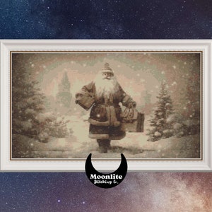 PDF Cross Stitch Pattern - Full Coverage Warm Sepia Toned Santa Claus with Christmas Presents, Xmas Trees Winter Scene, Seasonal Xstitch