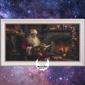 PDF Cross Stitch Pattern - Full Coverage Cozy Christmas Fireplace Scene, Santa Claus Reading Naughty or Nice List, Warm Xmas Xstitch Chart