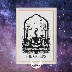 PDF Cross Stitch Pattern - Black Silhouetted Halloween Haunted Pumpkin - I Just Wanna Give You The Creeps, Fun Black and White Xstitch Chart