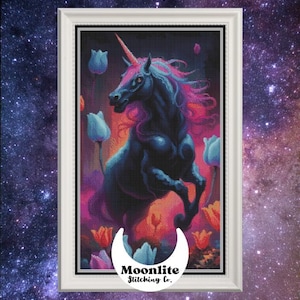 PDF Digital Cross Stitch Pattern, Fantasy Dark Rainbow Black Unicorn, Gothic Horse in a Field of Blue Tulips, Fun Vibrant Colourful Xstitch
