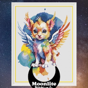 Digitales PDF Kreuzstichmuster Baby Löwe / Griffin Aquarell - Fantasie Geschöpf mit Flügel für Anfänger