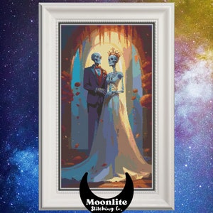 PDF Cross Stitch Pattern - Vibrant Skeletal Wedding Couple - Bride and Groom Skeletons with a Crown, Spooky Cute Halloween Union Ceremony