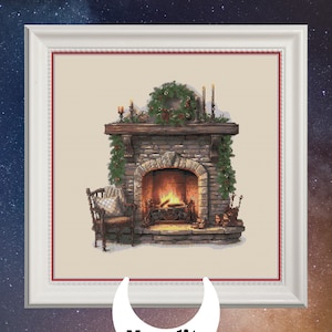 PDF Padrão de ponto cruz - Lareira de Natal alegre Gráfico Xstitch contado | Design gráfico - guirlanda de Natal, recanto de leitura, velas, fogo