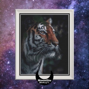 PDF Cross Stitch Pattern - Full Coverage Tiger Counted Xstitch Chart, Realistic Big Cat in Black Forest Graph, Wild Animal Stripe Design