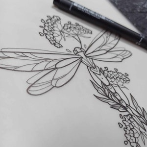 Dragonfly flowers tattoo design line