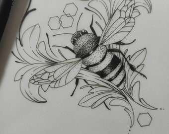 May include: A black and white line drawing of a bee with intricate floral details. The bee is surrounded by stylized leaves and honeycomb patterns.