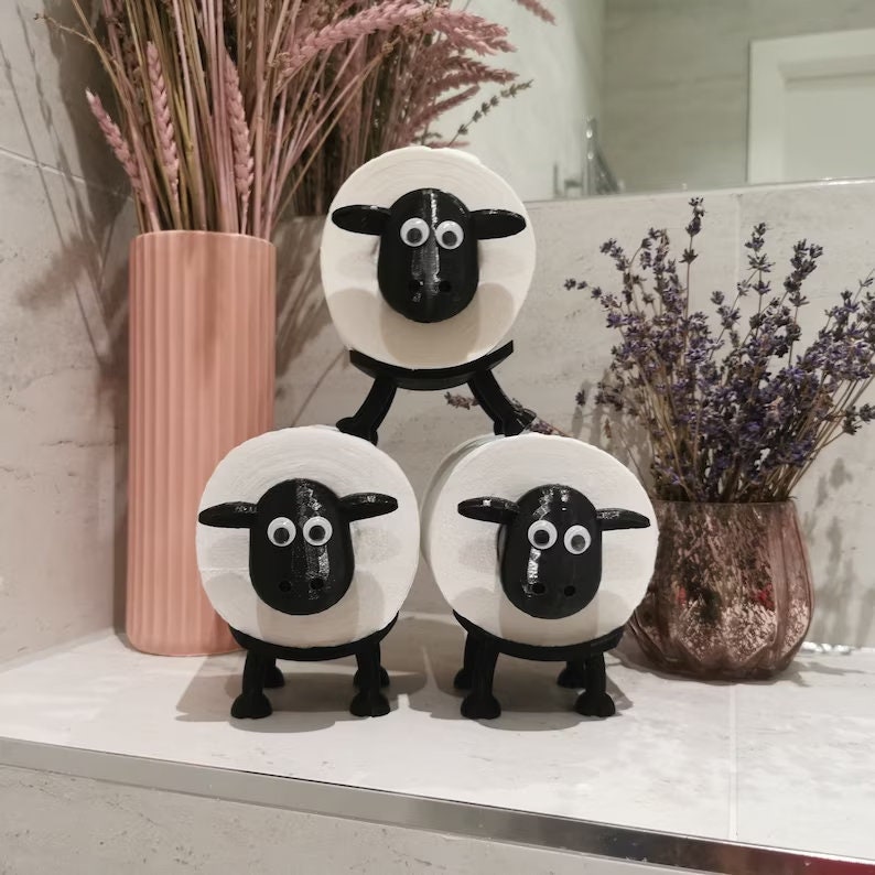 Art & Artifact Sheep Toilet Paper Roll Holder - Metal Wall Mounted or Free Standing Bathroom Tissue Storage, 7 Rolls