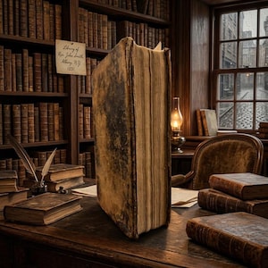 May include: A large, thick, weathered antique book stands upright on a dark wooden desk surrounded by several other leather-bound books. A small paper note on the bookshelf reads, "Library of Rev John Smith, Albany, N.Y. 1831." A quill pen sits in an inkwell.