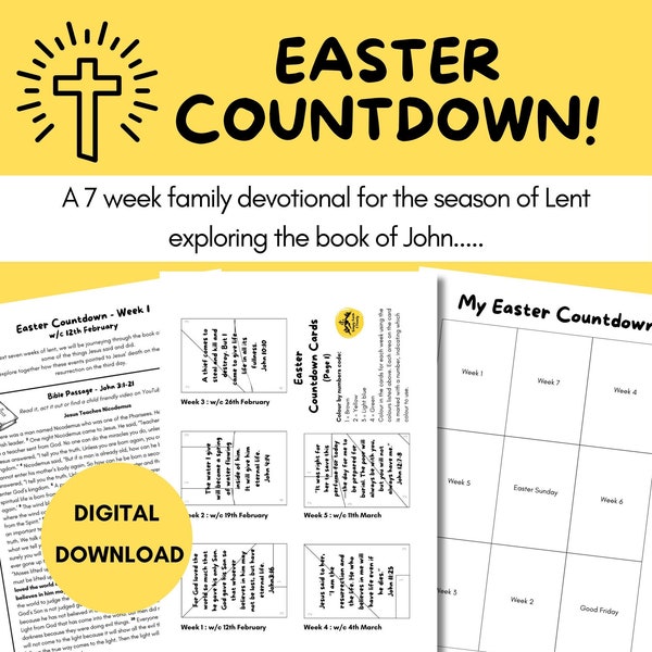 The Easter Countdown | 7 week Family Devotional for Season of Lent from book of John | Christian Family Lent Activities | Digital Download