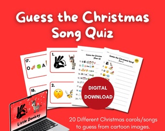 Może przedstawiać: Czerwone tło z napisem "Guess the Christmas Song Quiz". Obraz zawiera wydrukowane arkusze quizu i laptop wyświetlający obraz o tematyce świątecznej. Quiz zawiera 20 kolęd do odgadnięcia z obrazków z kreskówek.