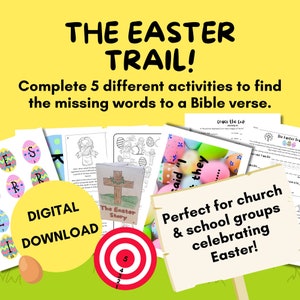 Könnte beinhalten: Ein digitaler Download für eine Oster-Schnitzeljagd-Aktivität. Das Bild zeigt eine bunte Sammlung von druckbaren Arbeitsblättern, eine Zielscheibe und ein Schild mit der Aufschrift "Perfekt für Kirchen- und Schulgruppen, die Ostern feiern!"