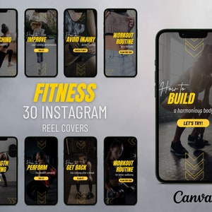 May include: A set of 30 Instagram reel covers for fitness. The covers feature images of people working out and text about different fitness topics, such as stretching, strength training, and workout routines. The covers are designed in a modern style with a black background and yellow accents.