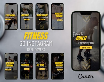 30 Fitness Instagram Reel Templates | Reel Template Cover | Reel Cover Template Editable in Canva | Fitness Reel Covers | Canva Reel Covers
