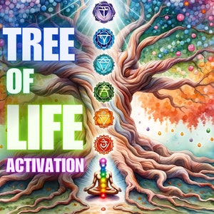Könnte beinhalten: Ein Aquarellbild eines Lebensbaums mit sieben Chakren, die durch farbige Diamanten dargestellt werden. Der Baum hat einen großen Stamm und viele Äste mit Blättern in Grün-, Rosa- und Orangetönen. Die Wurzeln des Baumes sind am unteren Rand des Bildes sichtbar. Eine Person sitzt in Meditation am Fuß des Baumes mit ihren Chakren ausgerichtet. Der Text "TREE OF LIFE ACTIVATION" ist in weißen Buchstaben am unteren Rand des Bildes geschrieben.