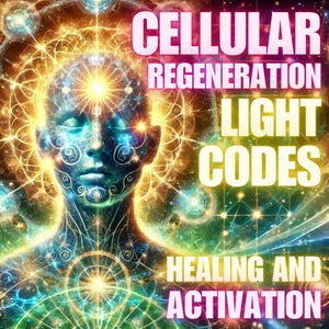 May include: Digital artwork depicting a human form surrounded by radiant energy, detailed patterns, and the words "CELLULAR REGENERATION LIGHT CODES HEALING AND ACTIVATION." The image uses a vivid colour scheme of blues, greens, and golds.