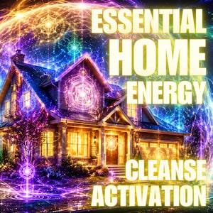 May include: A two-story house illuminated by vibrant, multicolored light patterns and glowing geometric symbols. The text ESSENTIAL HOME ENERGY CLEANSE ACTIVATION is overlaid in large, bold, yellow capital letters against the night sky.