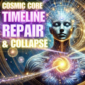 May include: Digital art piece featuring a human figure with a glowing core, surrounded by swirling energy and celestial elements. The text "COSMIC CORE TIMELINE REPAIR & COLLAPSE" is overlaid in vibrant colors, creating a cosmic and spiritual theme.